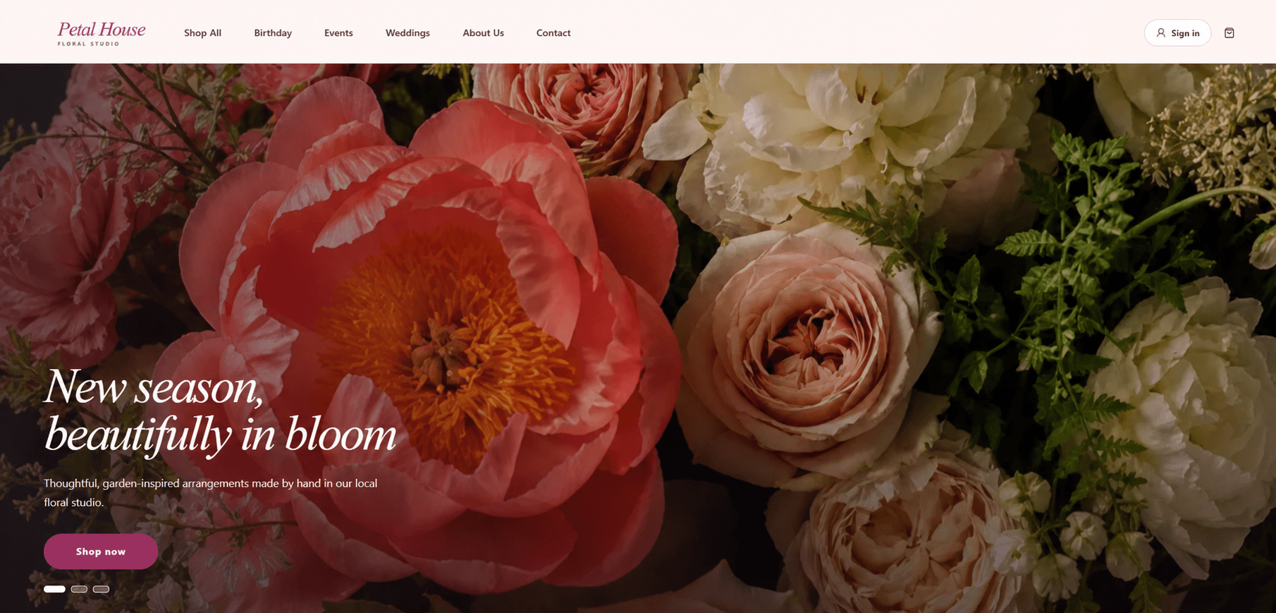 Petal House floral studio homepage website preview